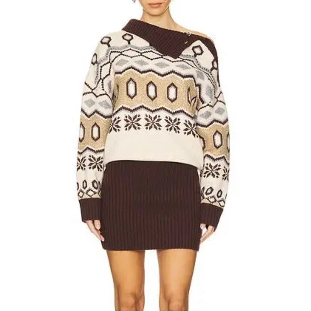 Retrofete Cream, Brown and Gold Knit Asymmetrical Crystal Embellished Mini Dress